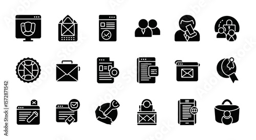 Set of Vector Icons Collection of Black Glyph Icons Web Mail Security and Business. Vector Illustrations. EPS Editable