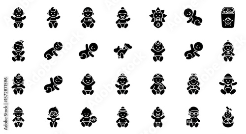 Set of Vector Icons Collection of Black Silhouette Baby Icons in Various Poses and Outfits. Vector Illustrations. EPS Editable