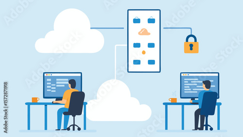 Illustration of two developers working with cloud storage and security features on a light blue background