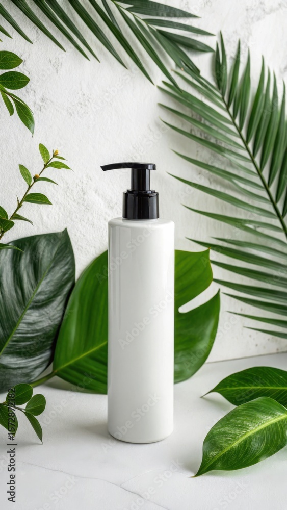Minimalist white pump bottle surrounded by lush green tropical leaves Minimalist white pump bottle surrounded by lush green tropical leaves
