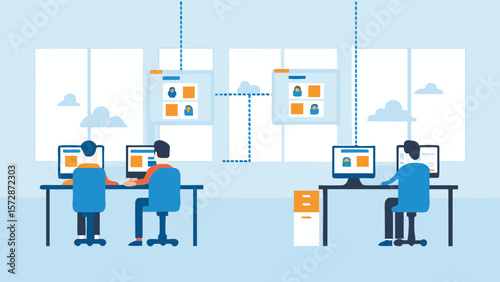 Two people working at desks with computers in an office connected to online profiles and file storage