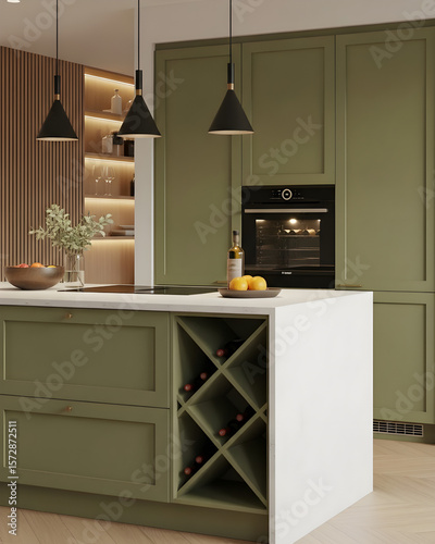 Side view of modern olive green kitchen island with wine rack, white countertop, and warm lighting in a cozy home interior