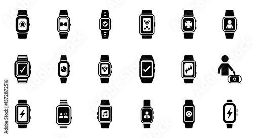 Set of Vector Icons Collection of Smartwatch Icons with Various App Displays. Vector Illustrations. EPS Editable