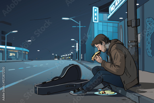 Vector illustration of a street musician eating a sandwich while resting beside his guitar.