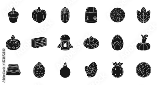 Set of Vector Icons Collection of Various Food and Plant Silhouettes. Vector Illustrations. EPS Editable