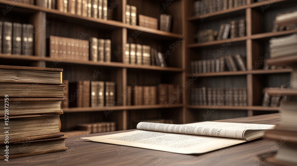 © putri syakilla - Serene Library Interior with Open Book and Stack of Vintage Volumes