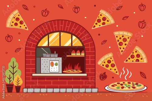 Vector street scene of a lively pizza corner featuring an open brick oven.