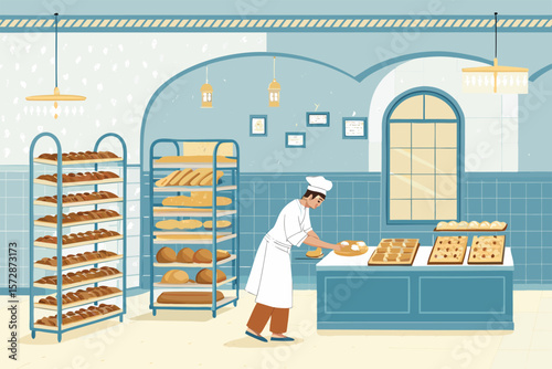 A baker fills a French bakery interior in a vector illustration.