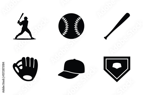 Baseball player batting baseball glove cap bat home plate batter silhouette