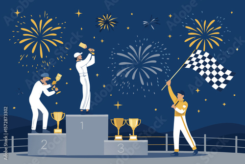 Stylized vector artwork depicting a victorious Formula 1 podium celebration with champagne.