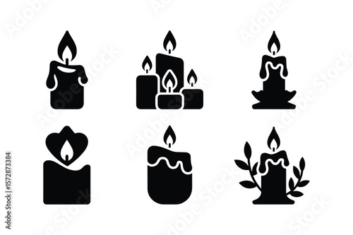 Black candle silhouettes with flames and decorative elements dripping