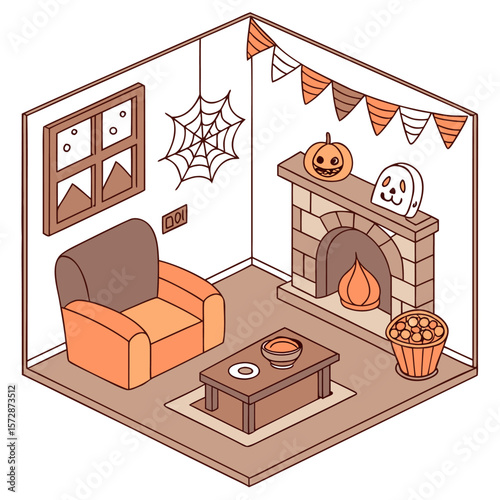 Isometric halloween themed living room with fireplace armchair coffee table and decorations shown