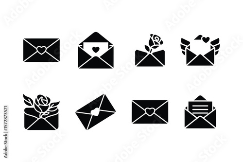 Black envelopes with hearts and roses letter love