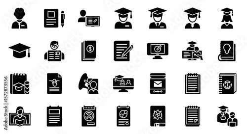 Set of Vector Icons Black Education and Learning Icons Set Graduation Study and Online Courses. Vector Illustrations. EPS Editable