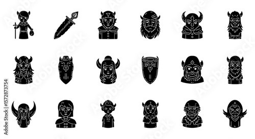 Set of Vector Icons Black Silhouette Set of Fantasy Characters and Weaponry Icons. Vector Illustrations. EPS Editable