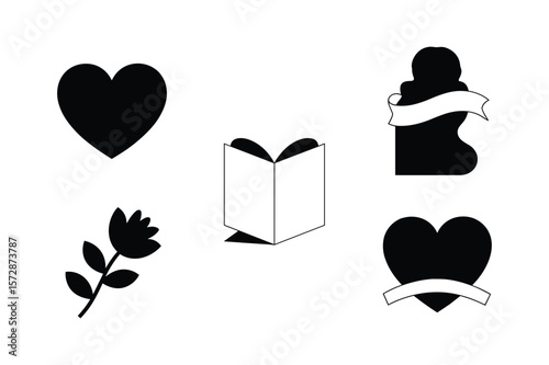 Black heart silhouette with ribbon open book and flower silhouette white
