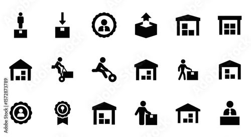 Black Warehouse Icons Representing Storage, Logistics, and Distribution Processes.