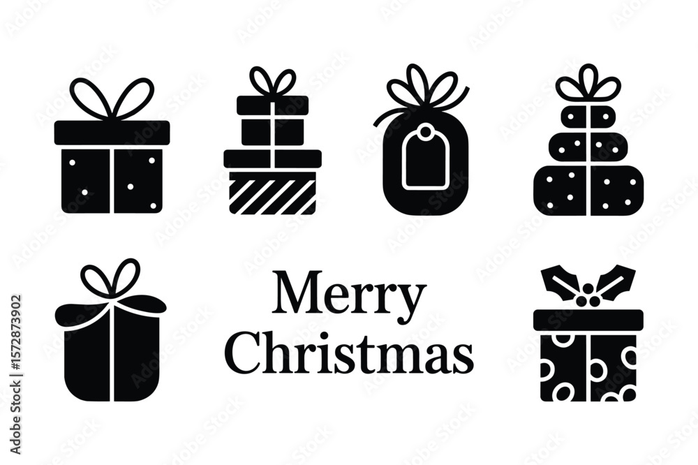 Black gift boxes with ribbons and festive text presents christmas