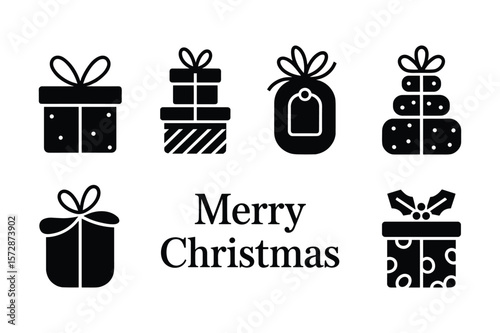 Black gift boxes with ribbons and festive text presents christmas