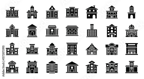 Set of Vector Icons Collection of Black and White Building Icons Representing Various Architectural Styles. Vector Illustrations. EPS Editable