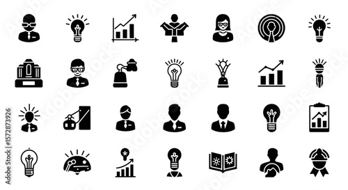 Set of Vector Icons Collection of Black and White Business Icons Representing Ideas and Concepts. Vector Illustrations. EPS Editable