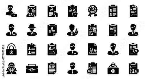 Set of Vector Icons Collection of Black and White Business Icons Featuring People Documents and Security. Vector Illustrations. EPS Editable