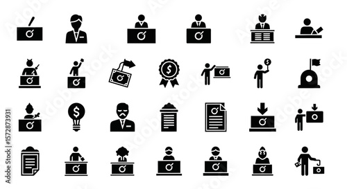 Set of Vector Icons Collection of Black and White Business Icons Depicting Various Professions and Concepts. Vector Illustrations. EPS Editable