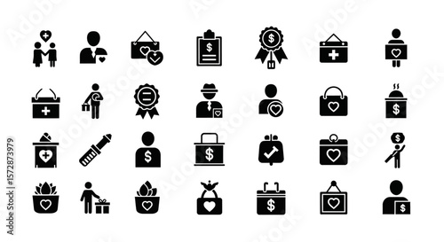 Set of Vector Icons Collection of Black and White Charity and Donation Icons. Vector Illustrations. EPS Editable