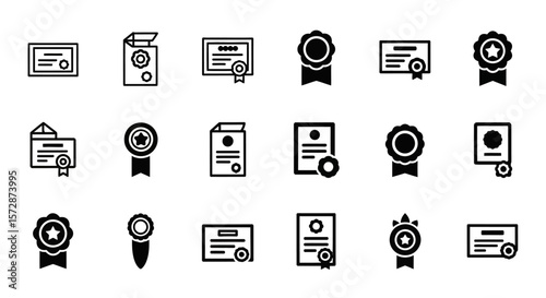 Set of Vector Icons Collection of Black and White Certificate and Award Icons with Ribbons and Seals. Vector Illustrations. EPS Editable