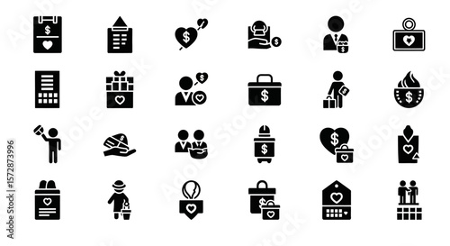 Set of Vector Icons Collection of Black and White Charity Donation Icons. Vector Illustrations. EPS Editable