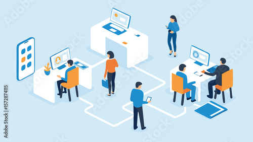 Isometric office scene with people working at desks using computers and mobile devices connected by lines