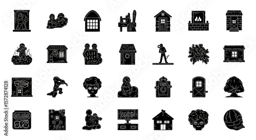 Set of Vector Icons Collection of Black and White HandDrawn Style Illustrations of Various Buildings People and Objects. Vector Illustrations. EPS Editable