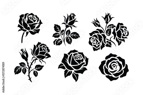 Black rose silhouettes with leaves and buds white floral