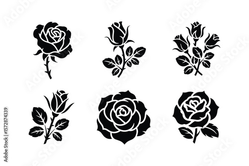 Black rose silhouettes with stems and leaves flower white