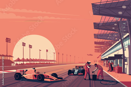 Vector illustration of a sunrise over a track with an orange-pink gradient sky.