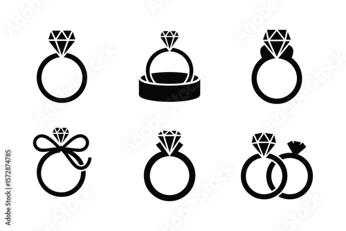 Diamond ring icons with various designs engagement ring wedding ring