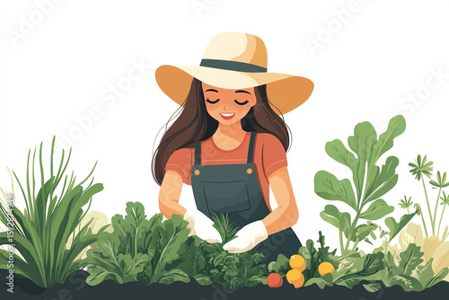 A female gardener in a brimmed hat and gloves takes care of green plants. Flat illustration. Generated by artificial intelligence