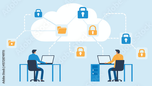 Two people working on laptops connected to a cloud with folders and security locks illustration