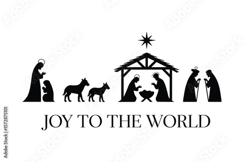 Nativity scene with figures and animals under a star christmas religious