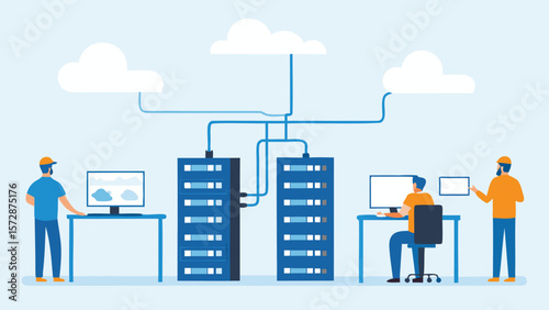 Illustration depicting a cloud network with servers, computers, and people working in a data center