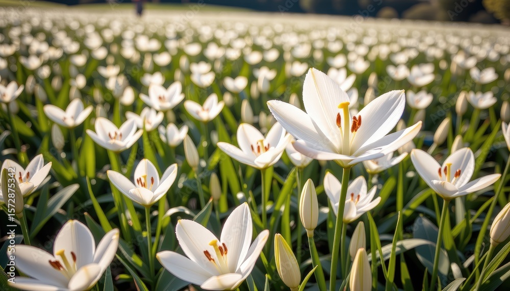 White Lily Flowers in Bloom Across a Wide Open Field White Lily Flowers in Bloom Across a Wide Open Field