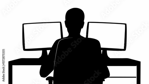 Silhouette of a person sitting in front of two computer monitors on a desk in a black and white image