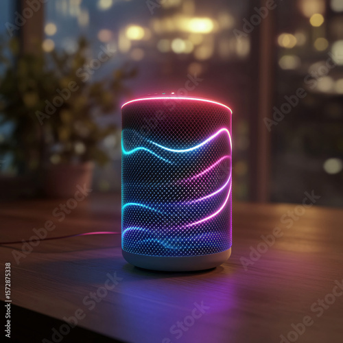 Smart Speaker with Neon Light Waves on Wooden Table in Cozy Modern Interior at Night
