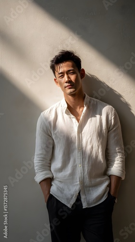 Handsome Asian man smiling in natural light, showcasing a confident and relaxed pose against a textured wall with sunlight