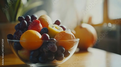 A vibrant glass bowl overflowing with a colorful assortment of fresh fruits