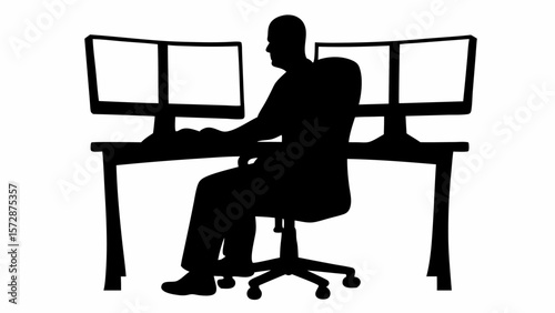 Silhouette of a person sitting at a desk with two computer monitors in a workspace setting at home