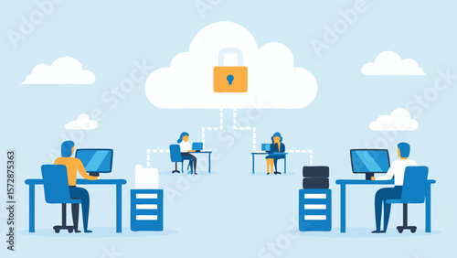 People working at desks connected to a secure cloud storage with a padlock, with clouds in the background