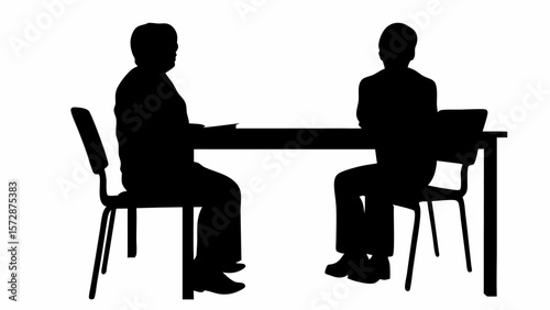Two people sitting at a table facing each other in silhouette against a white background view meeting