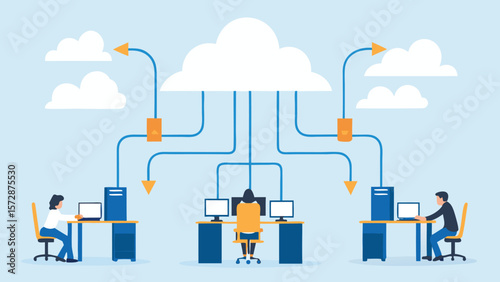 Illustration of cloud computing network with people working at desks and connected to the cloud system
