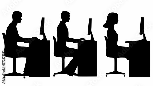 Silhouettes of three people sitting at desks using computers in an office environment setting